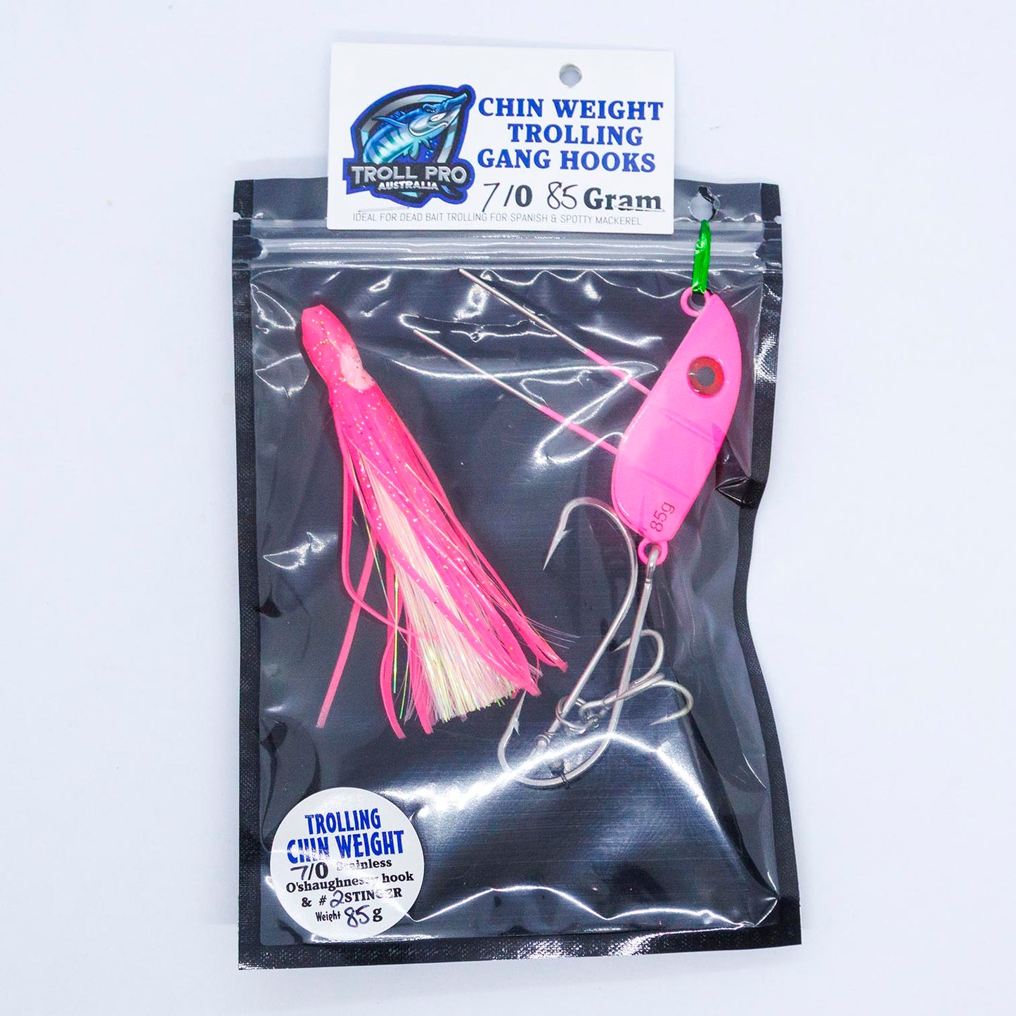 85g Chin Weight with 2 x 7/0 s/s hooks and treble stinger for catching Spanish Mackerel