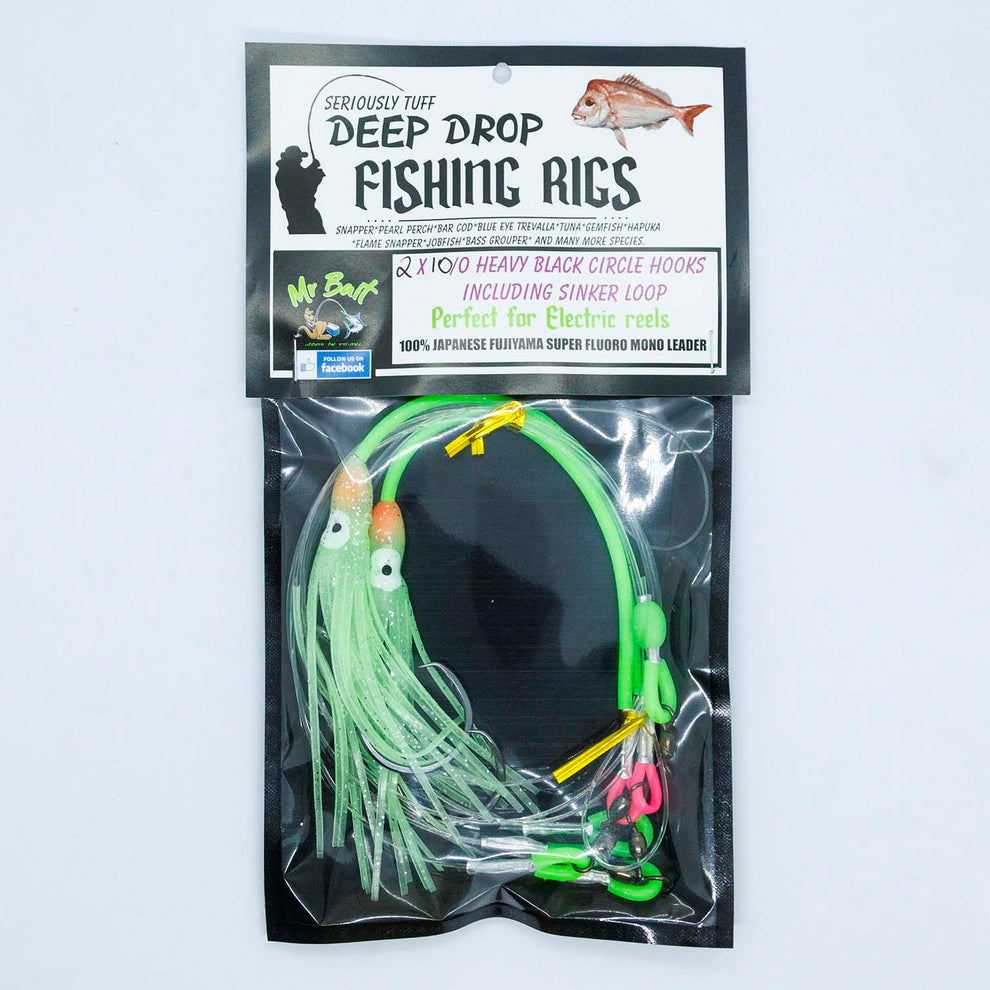 Deep Drop Rig 2 x 10/0 Heavy Black Circle Hooks 200LB Flurocarbon Lead ...