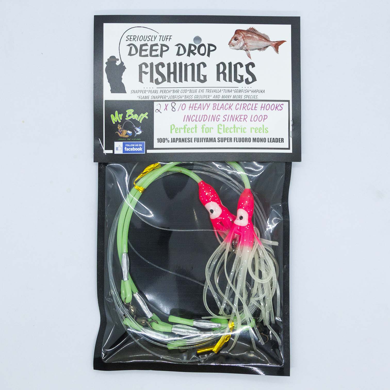 Deep Drop Rig 2 x 8/0 Heavy Black Circle Hooks 200LB Flurocarbon Leade ...
