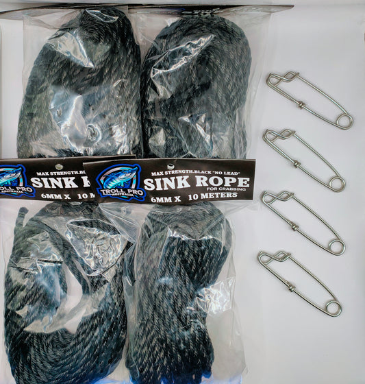 BLACK SINK ROPE Combo 4 x10 METER Lengths & 4 S/S Shark Clips